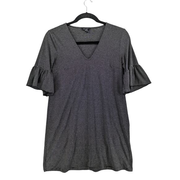 New Look Shift Dress 8 Black White‎ Striped Bell Elbow Sleeve VNeck Mini Summer - Picture 1 of 10